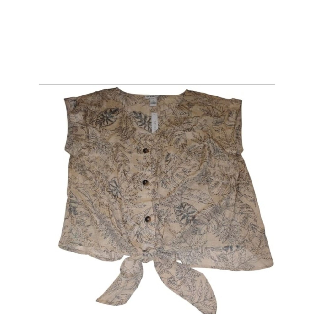 New York Clothing Company Women’s Tie-Front Short Sleeve Blouse Beige Leaf Print